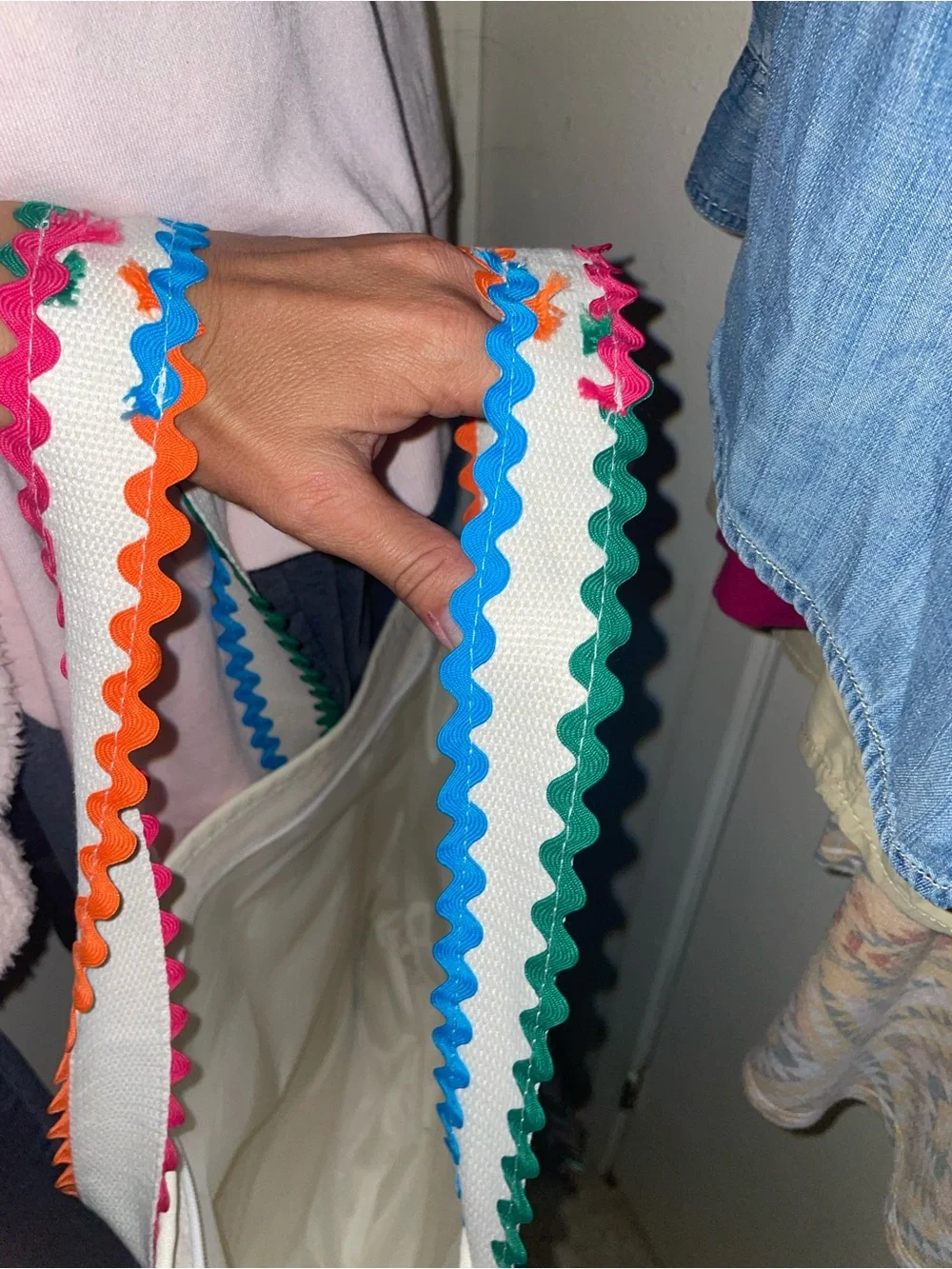White Canvas Tote with Multicolor Trim by Unknown Brand